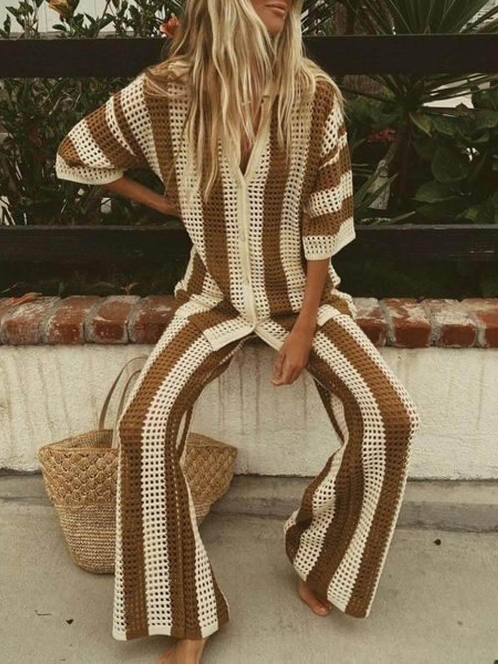 Elara Striped Shirt and Wide Leg Pants Set