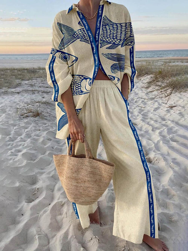 Junia Ocean Print Shirt and Pocket Pants Set