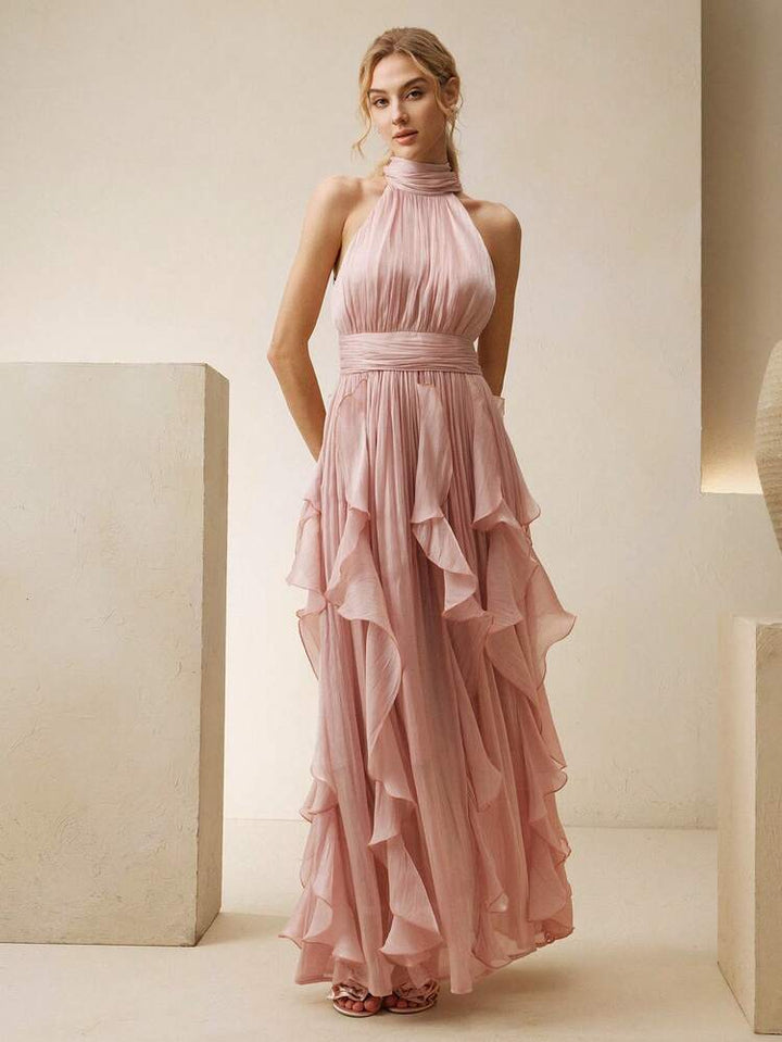 Orea | High Neck Gathered Ruffle Layers Maxi Dress