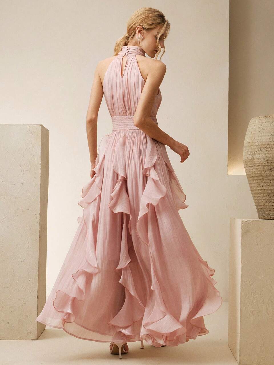 Orea | High Neck Gathered Ruffle Layers Maxi Dress