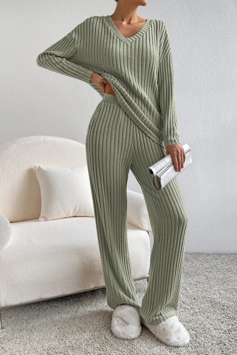 Lyra Ribbed V-Neck Top and Pants Set