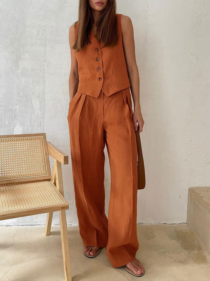 Sarah V-neck Pleated Wide-leg Pants Suit