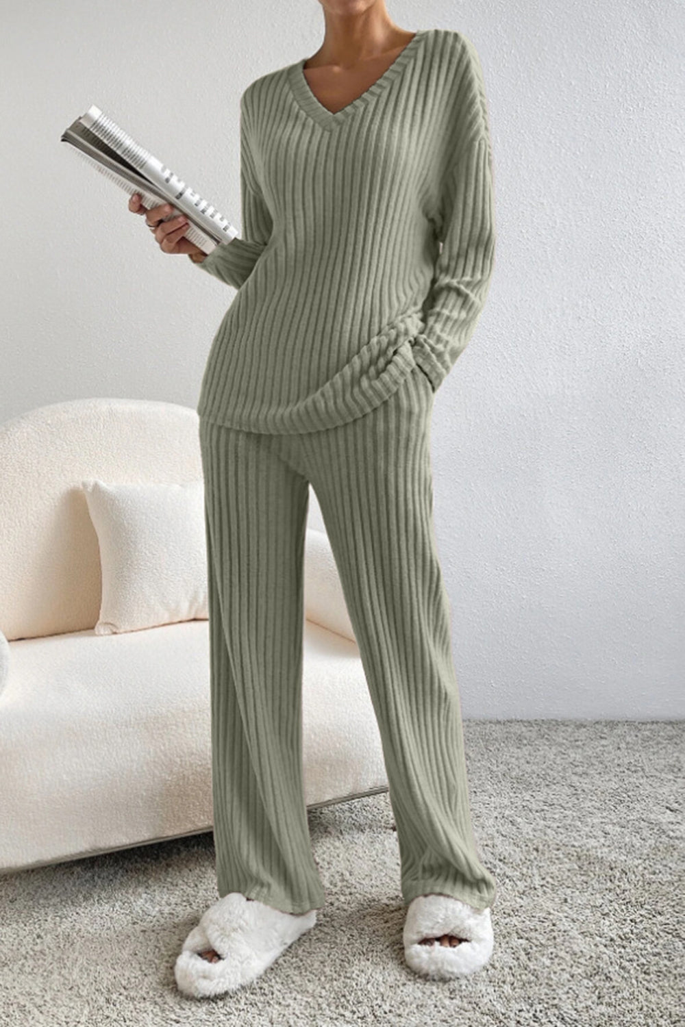 Lyra Ribbed V-Neck Top and Pants Set