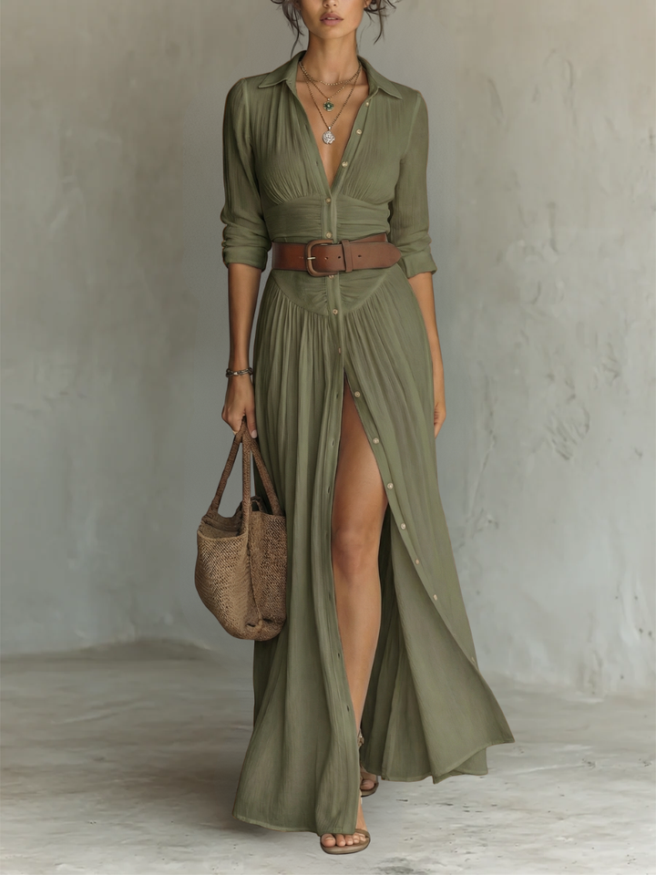 Long Maxi Dress with Notched Collar and Long Sleeves in Linen for Women