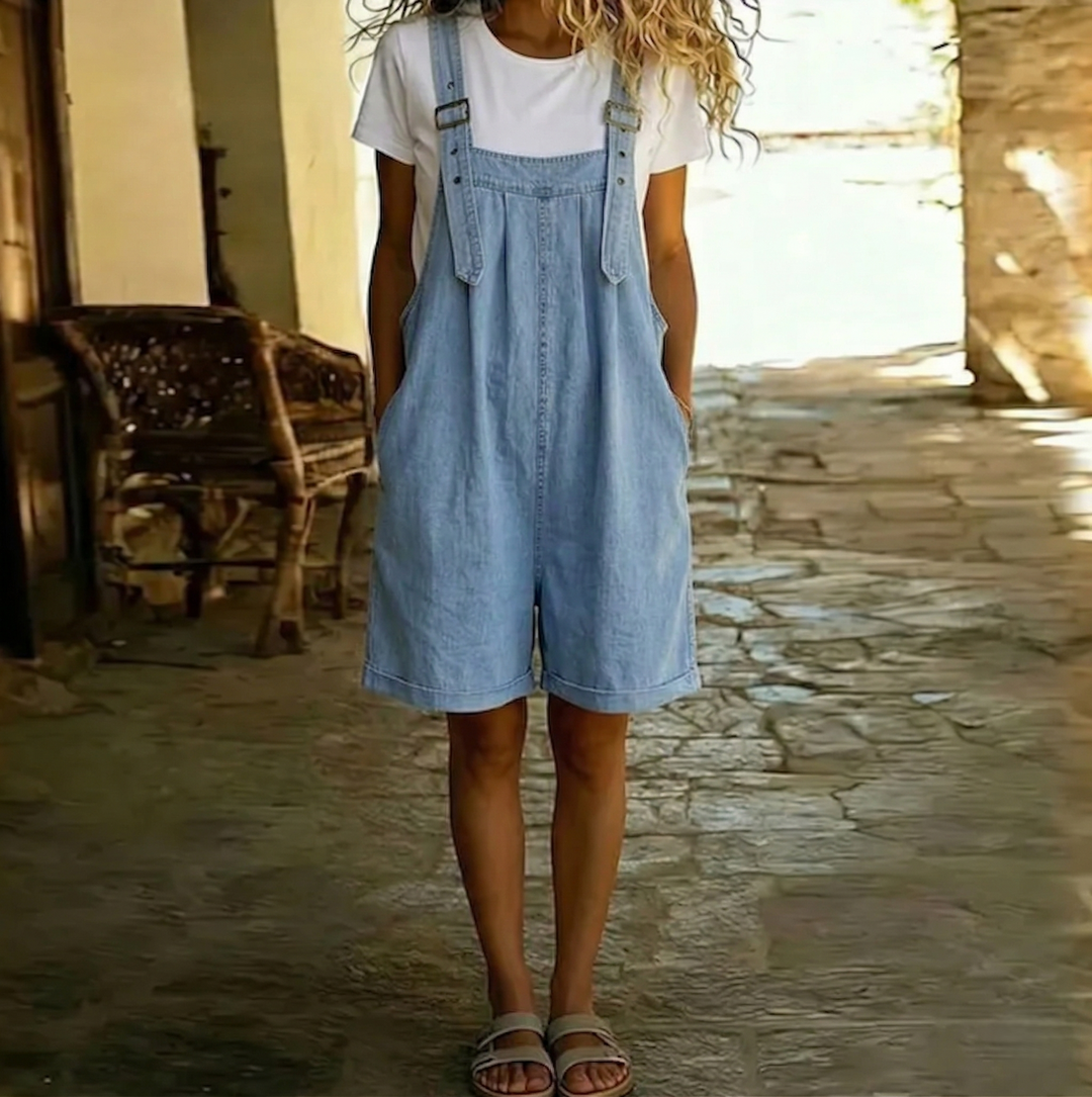 Michelle - Vintage Washed Soft Cotton Feel Denim Short Overall Light Blue