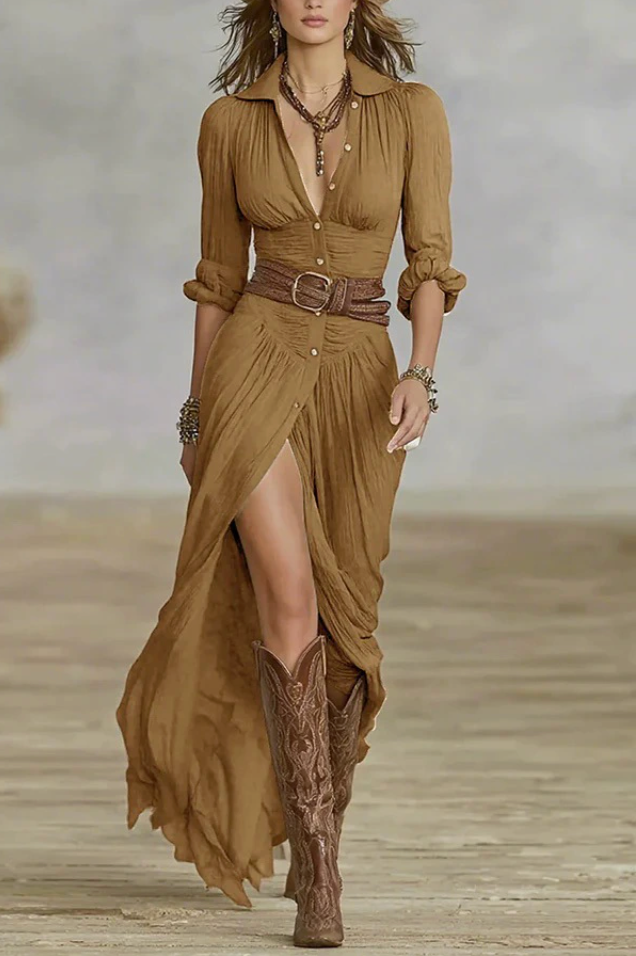 Long Maxi Dress with Notched Collar and Long Sleeves for Women