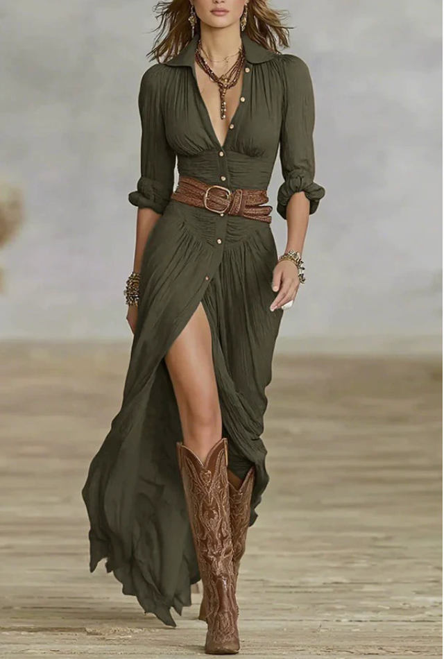 Long Maxi Dress with Notched Collar and Long Sleeves for Women