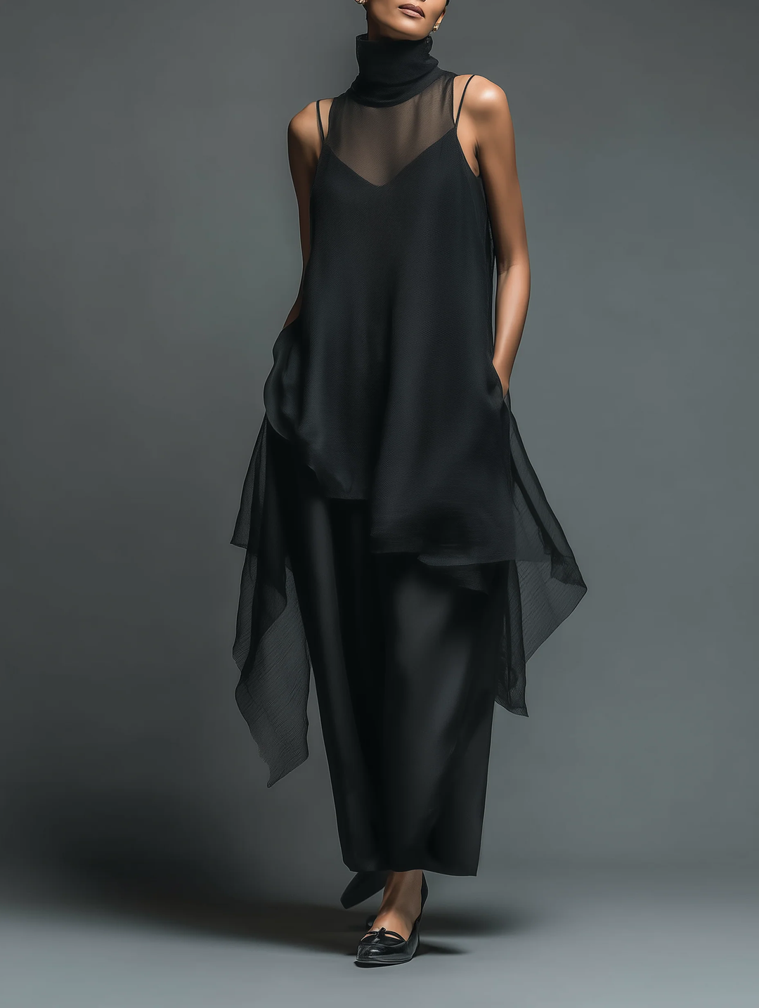 Monica | Faux Acetate Slip Dress with Chiffon Overlay