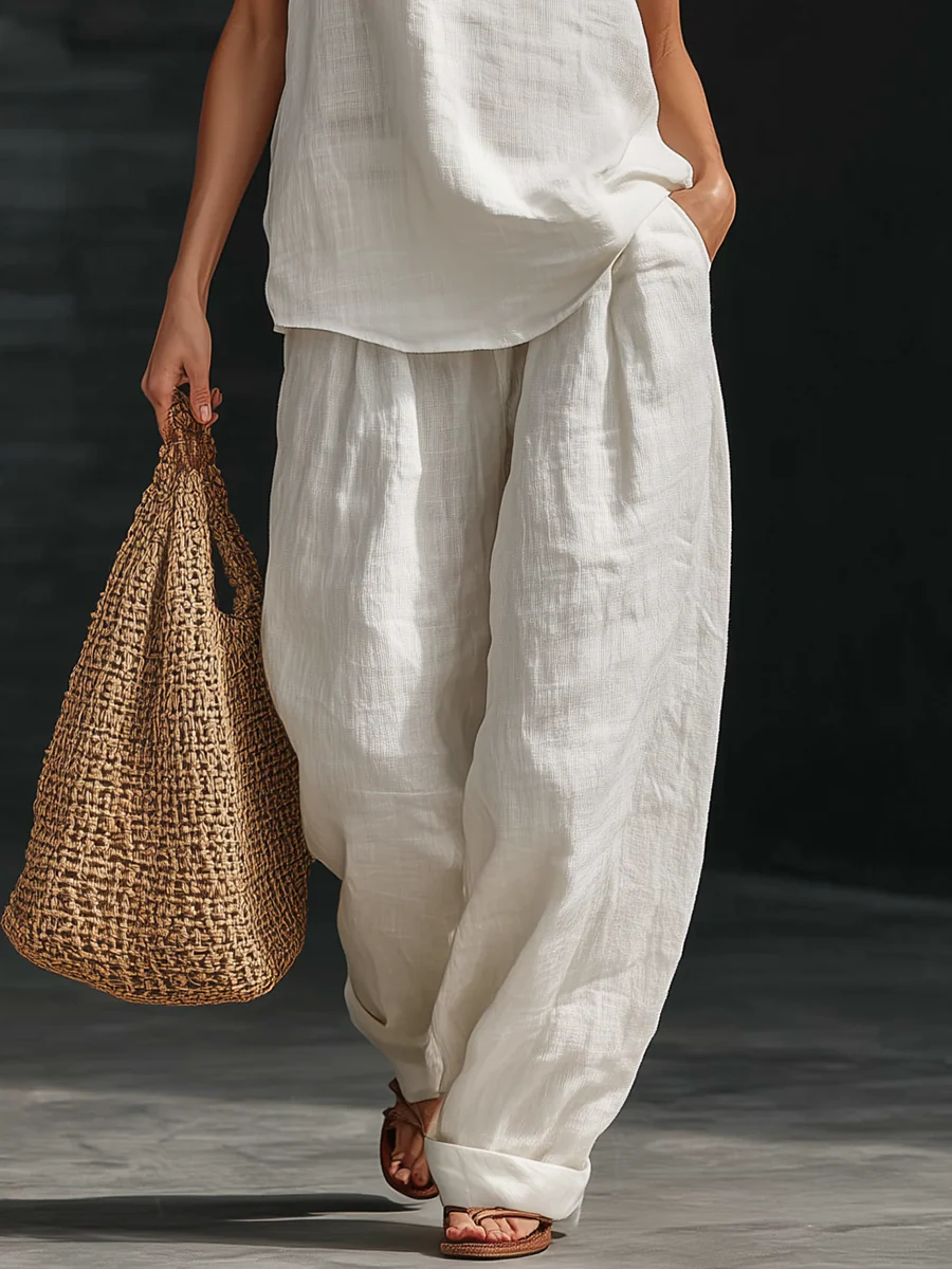 Amelia | Faux Linen V-Neck Top & Wide-Leg Pants Set