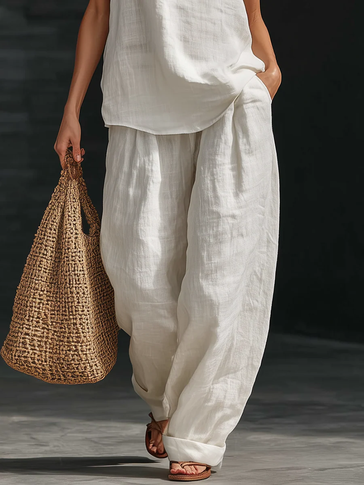 Amelia | Faux Linen V-Neck Top & Wide-Leg Pants Set