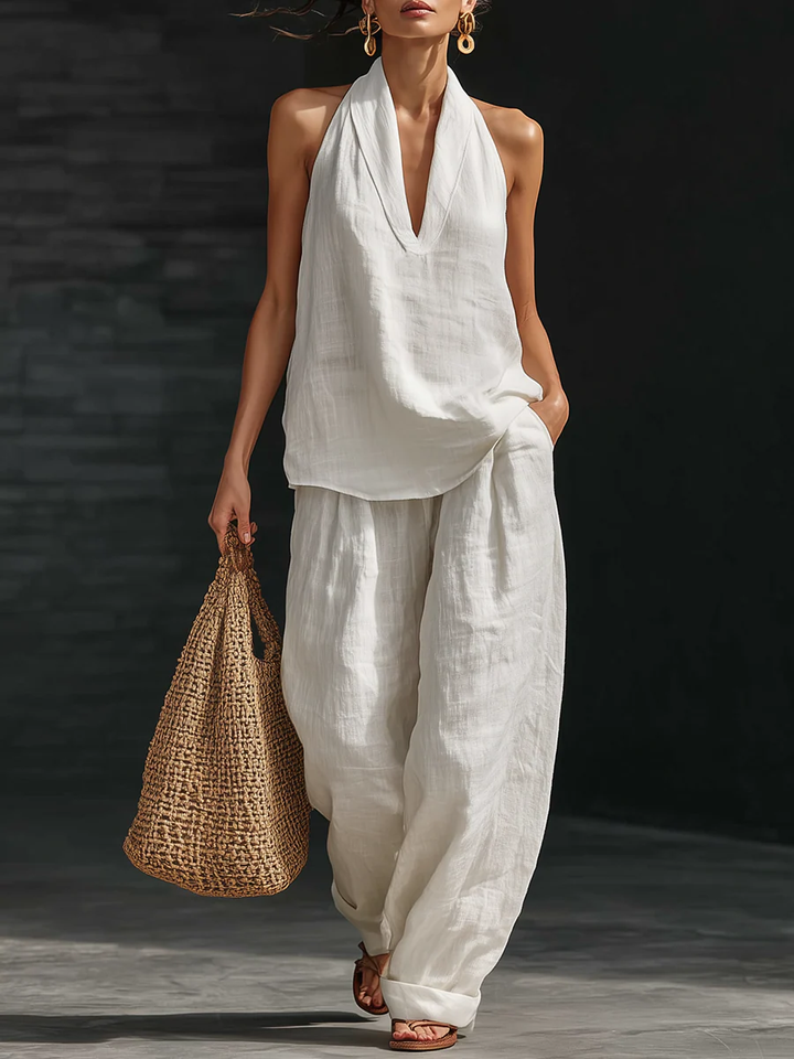 Amelia | Faux Linen V-Neck Top & Wide-Leg Pants Set