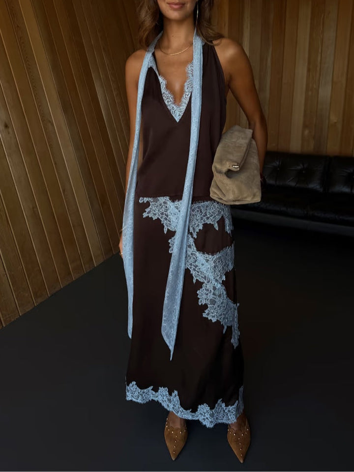 Avalon Lace Panel Top and Skirt Suit Set