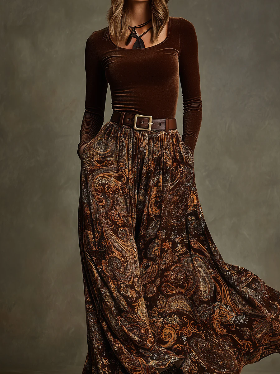 Penelope Velvet Top and Paisley Maxi Skirt Set