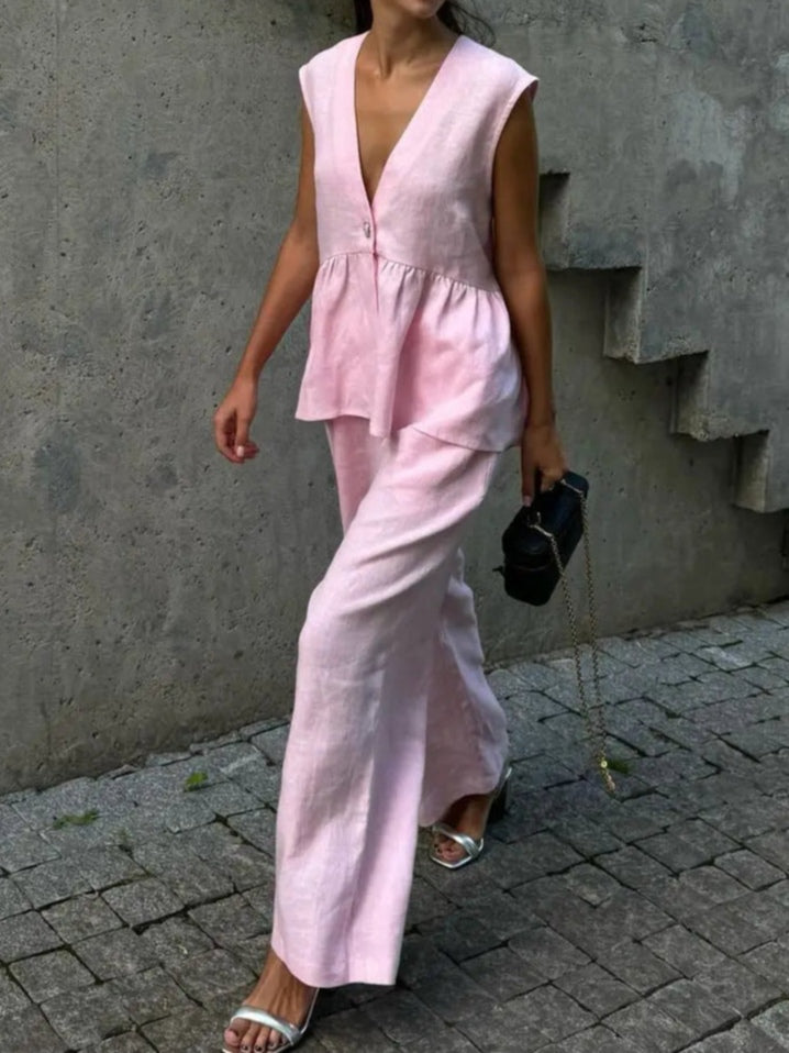 Anna V-Neck Ruffled Two-Piece Suit