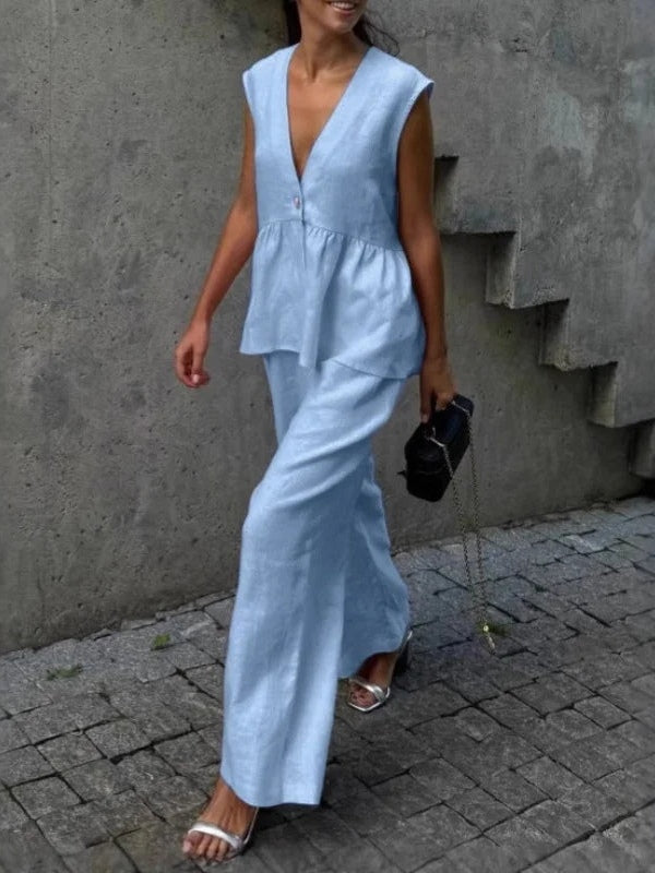 Anna V-Neck Ruffled Two-Piece Suit
