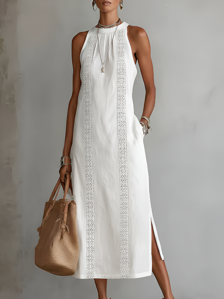 Jimena | Midi dress in linen with Mao collar