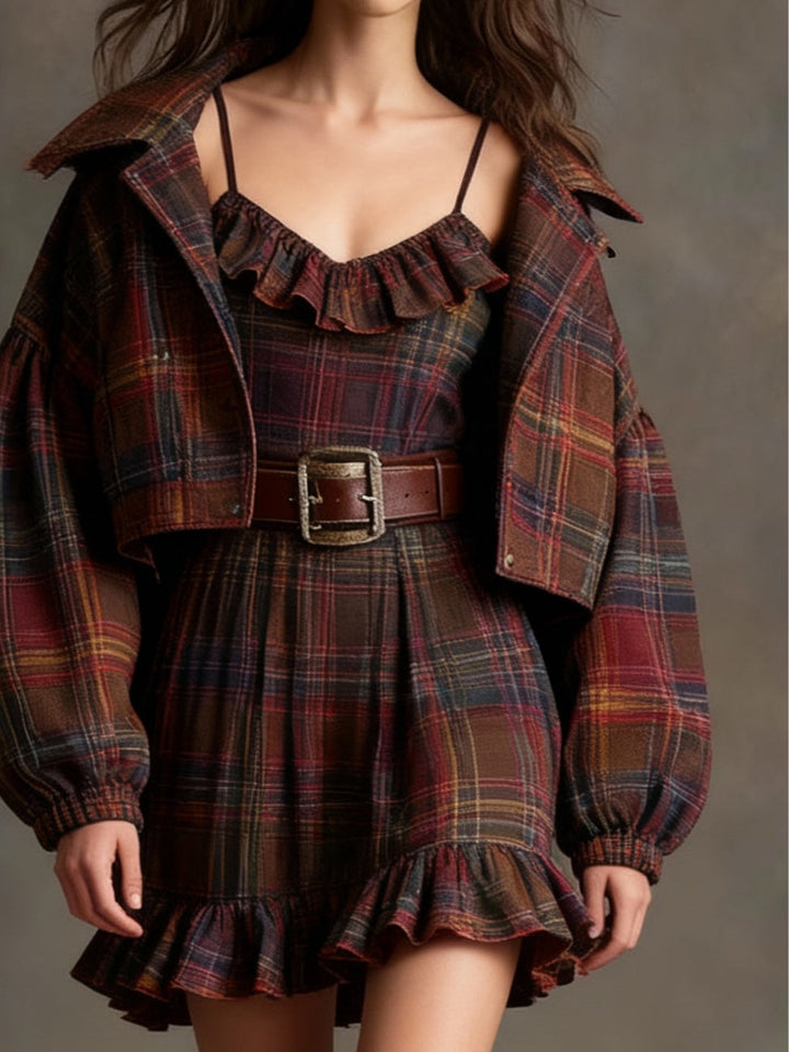 Geraldine Vintage Plaid Ruffle Mini Dress Set