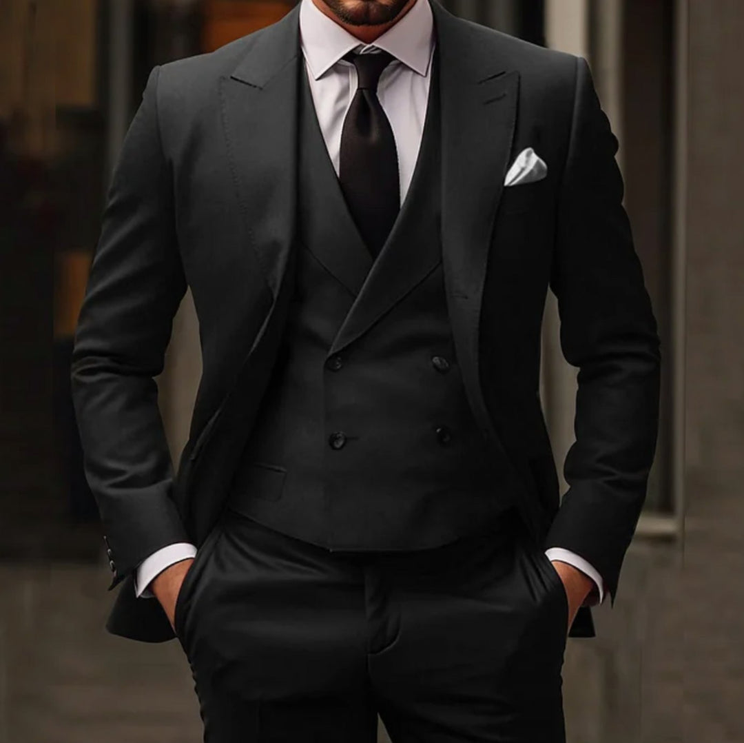Men's Black Slim Fit Three-Piece Tailored Suit - Black