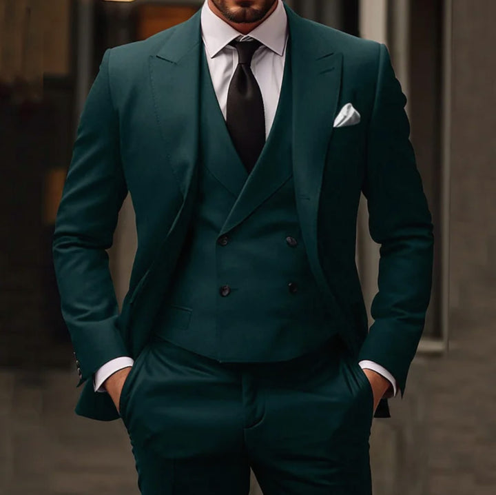 Men's Black Slim Fit Three-Piece Tailored Suit - Green