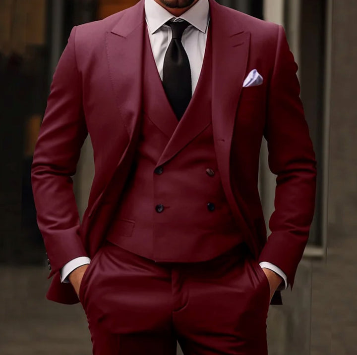 Men's Black Slim Fit Three-Piece Tailored Suit - Burgundy