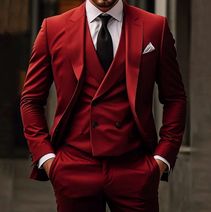 Men's Black Slim Fit Three-Piece Tailored Suit - Red