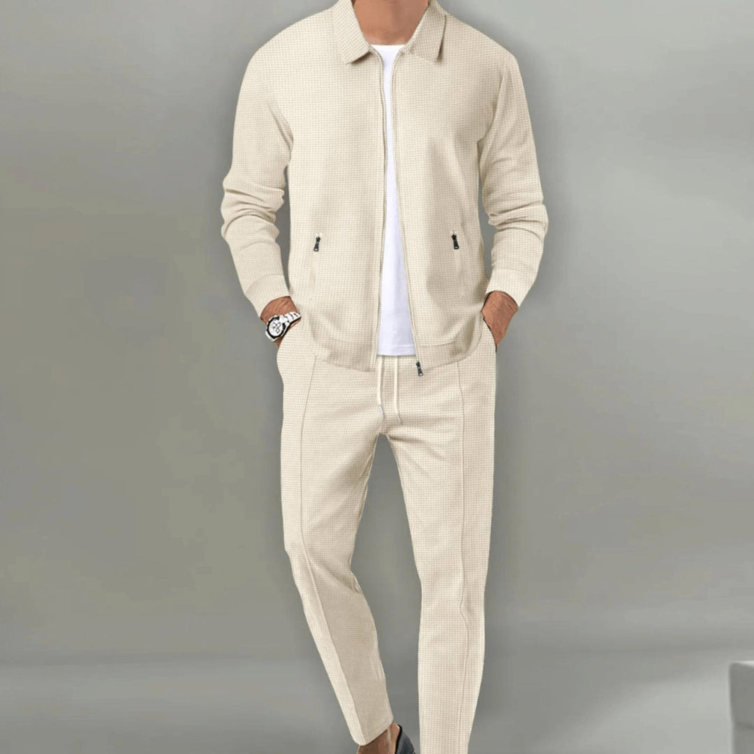 Men's Casual Tracksuit Zip-Up Jacket Slim Jogger Pants Two-Piece Set - Beige
