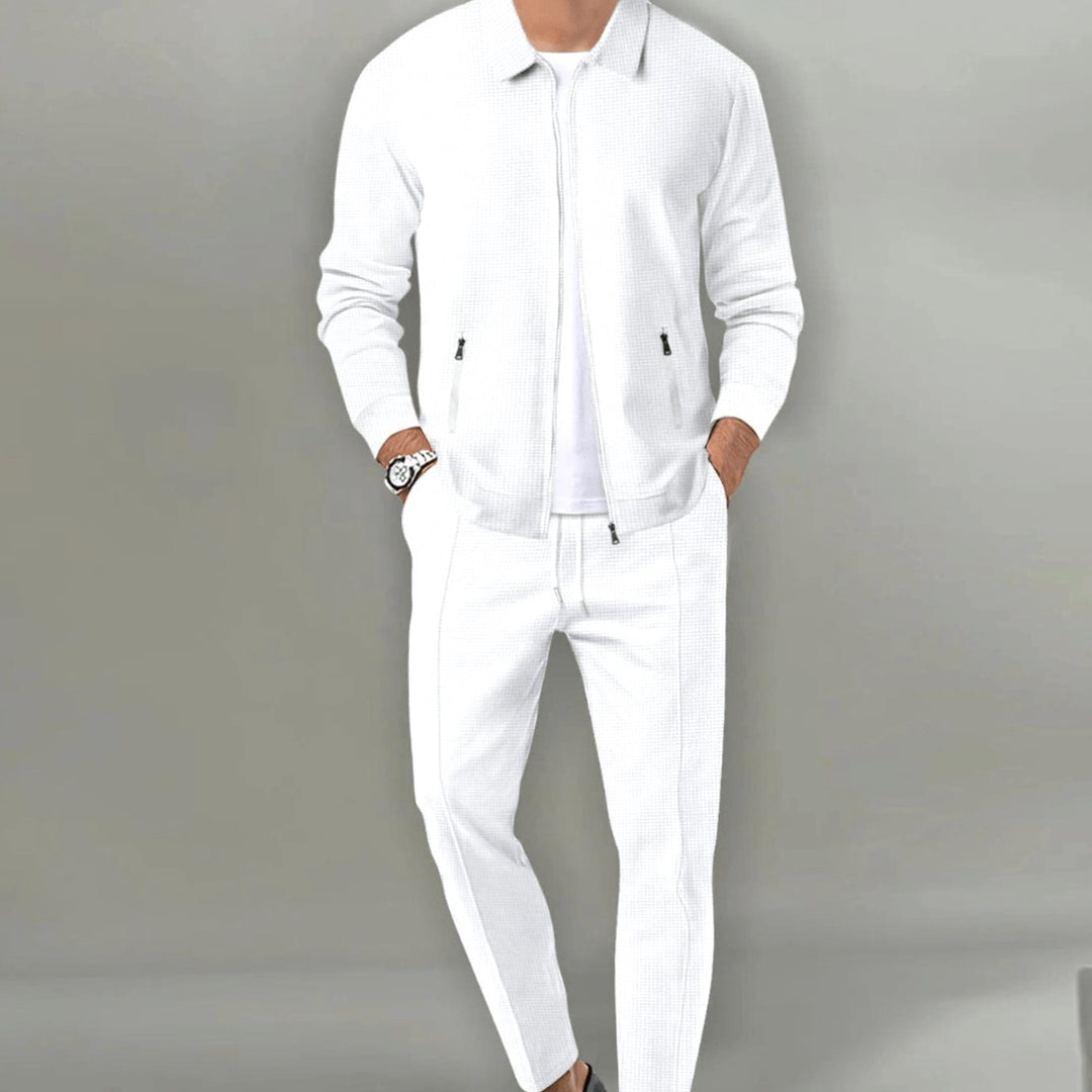 Men's Casual Tracksuit Zip-Up Jacket Slim Jogger Pants Two-Piece Set - White