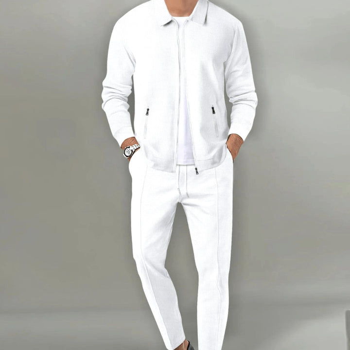 Men's Casual Tracksuit Zip-Up Jacket Slim Jogger Pants Two-Piece Set - White