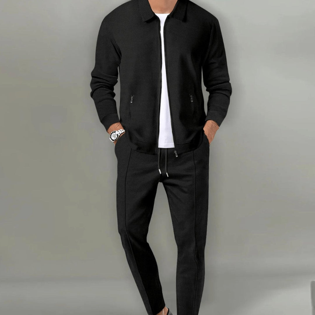Men's Casual Tracksuit Zip-Up Jacket Slim Jogger Pants Two-Piece Set - Black