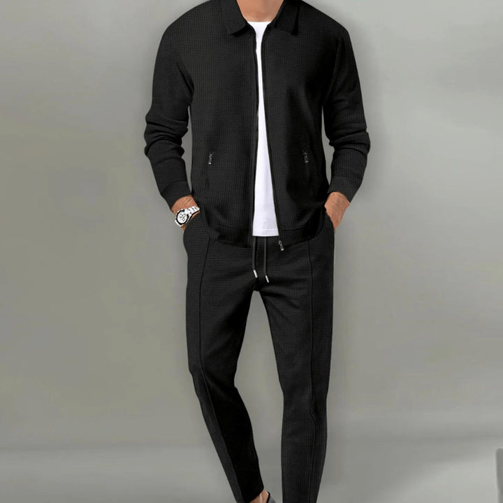 Men's Casual Tracksuit Zip-Up Jacket Slim Jogger Pants Two-Piece Set - Black