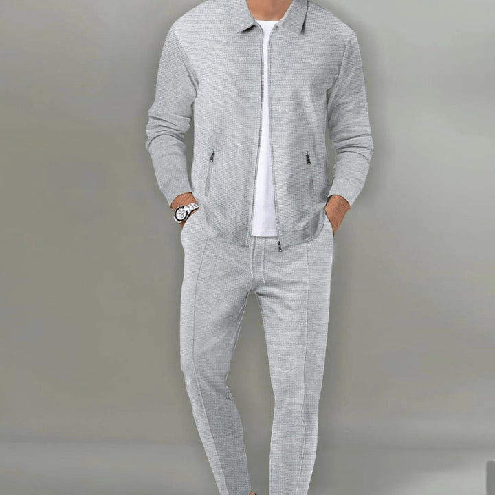 Men's Casual Tracksuit Zip-Up Jacket Slim Jogger Pants Two-Piece Set - Grey