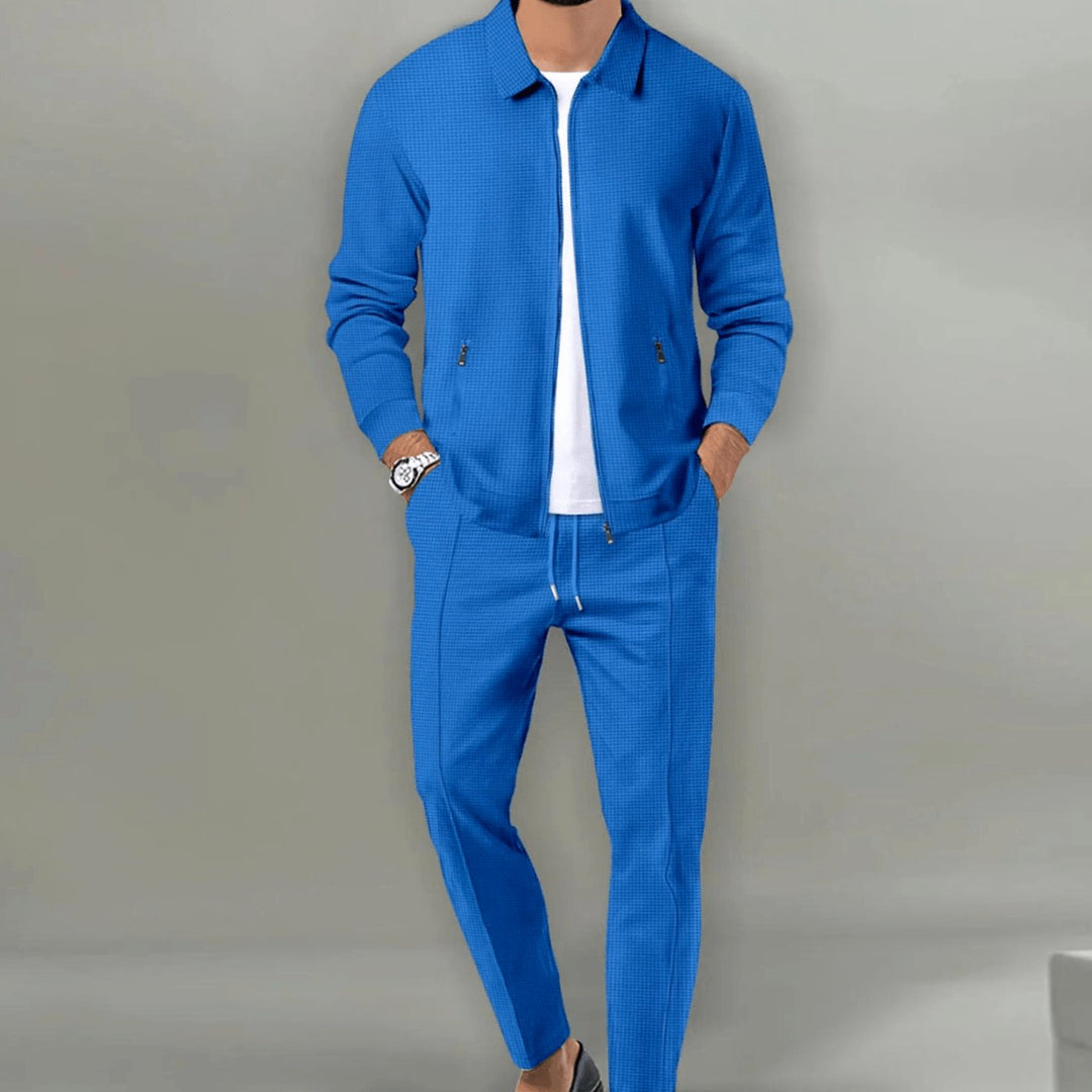 Men's Casual Tracksuit Zip-Up Jacket Slim Jogger Pants Two-Piece Set - Blue