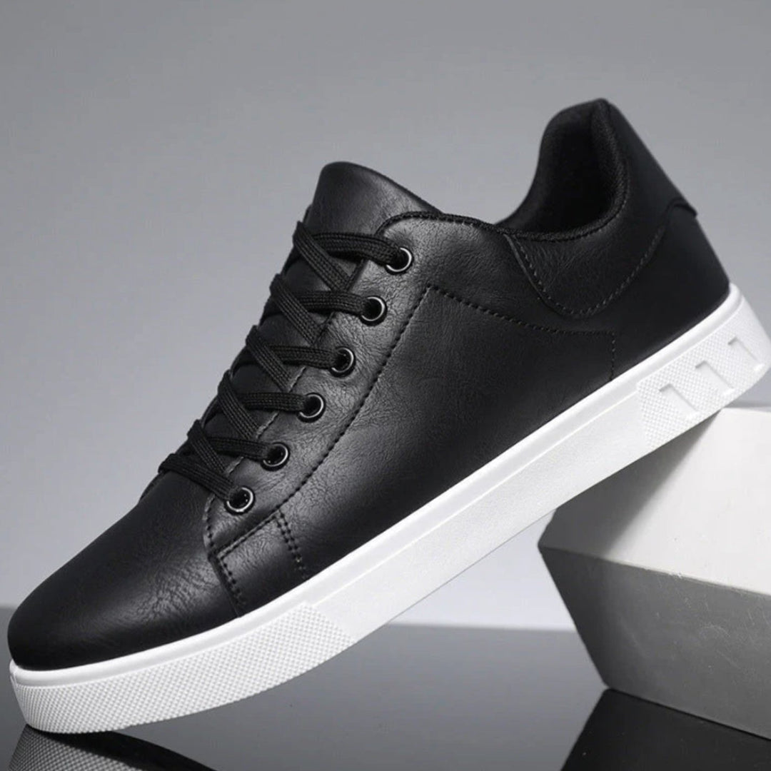 Men's Classic Lace-Up Low-Top Faux Leather Sneakers - Black