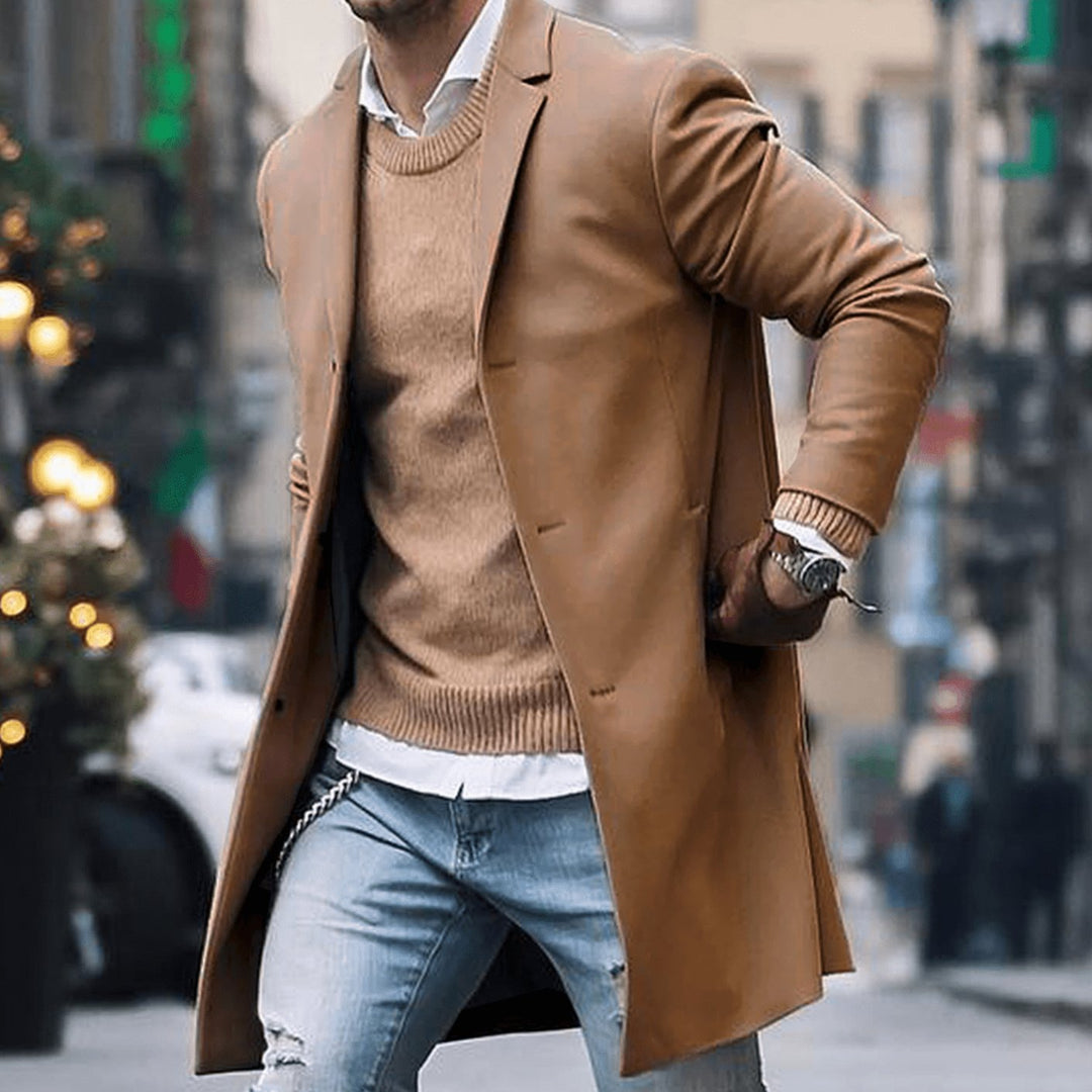 Men's Classic Long Tailored-Fit Street Style Coat - Khaki