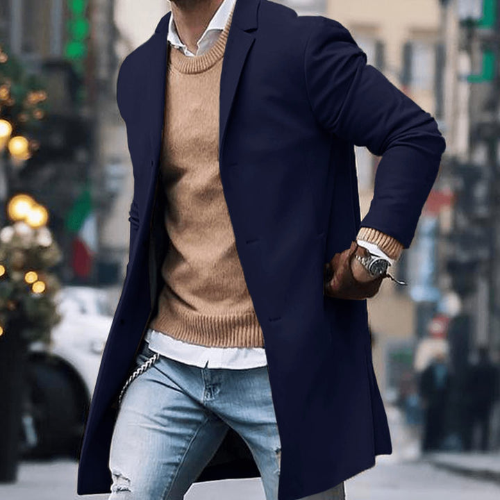 Men's Classic Long Tailored-Fit Street Style Coat - Navy Blue