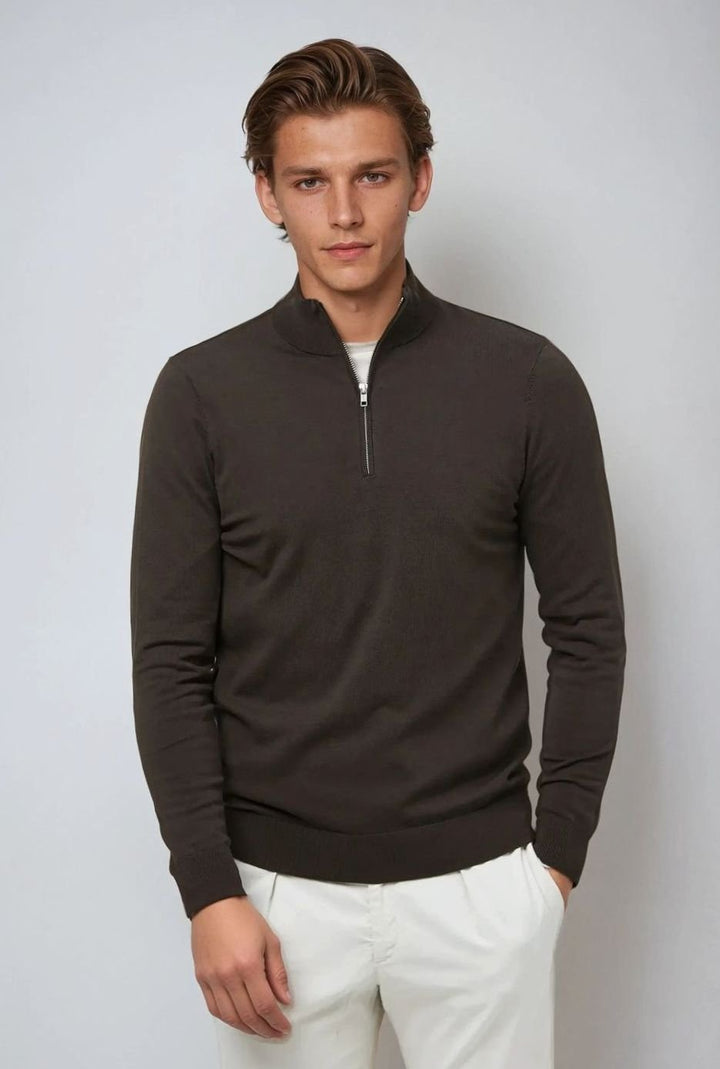 Men's Classic Quarter Zip Knit Sweater Pullover - Brown