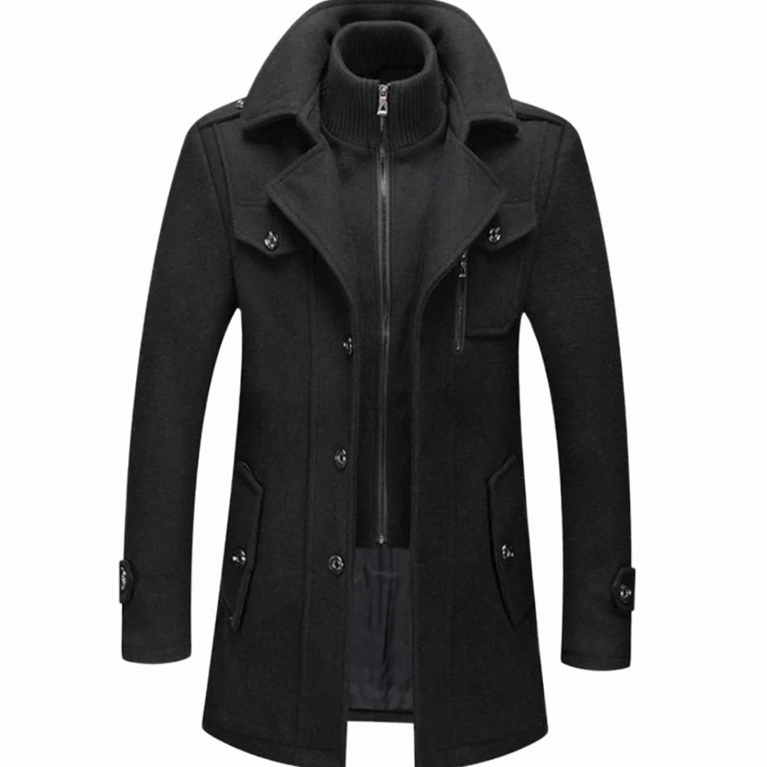 Men's Double-Layer Knit-Collar Button-Front Long Coat - Black