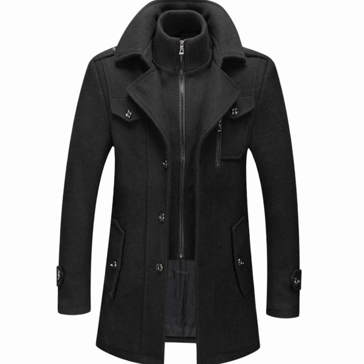 Men's Double-Layer Knit-Collar Button-Front Long Coat - Black