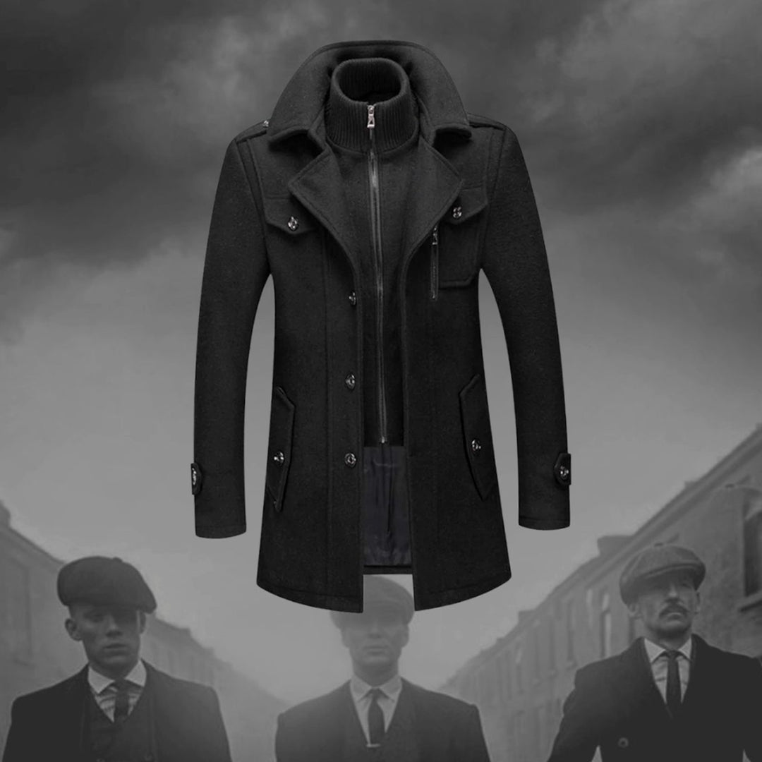 Men's Double-Layer Knit-Collar Button-Front Long Coat