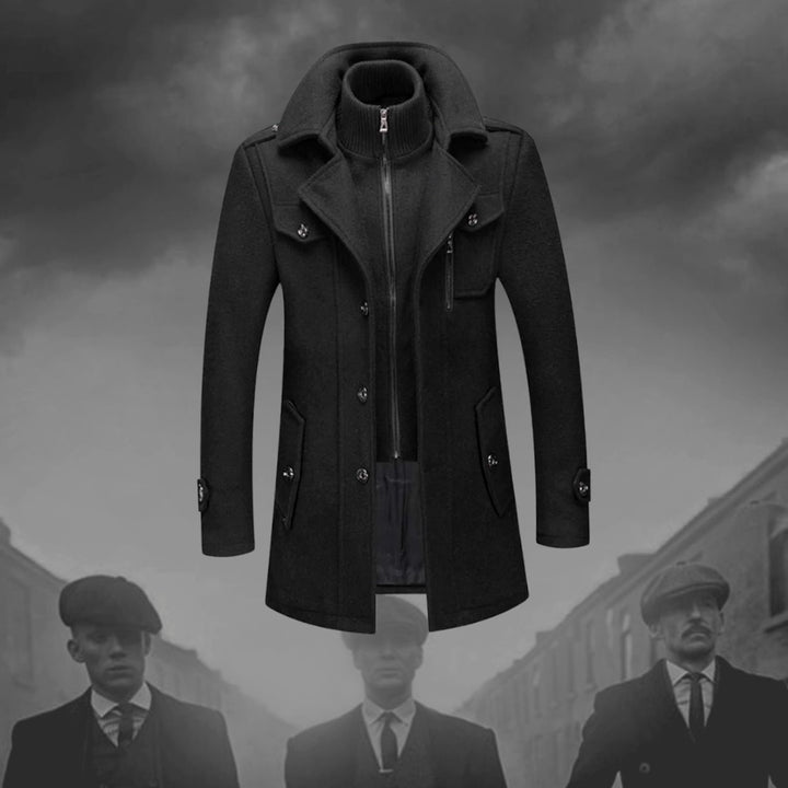 Men's Double-Layer Knit-Collar Button-Front Long Coat