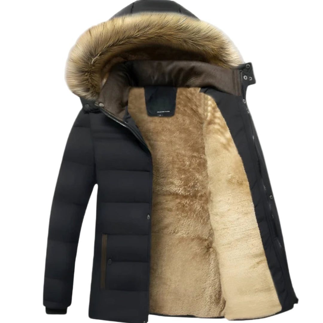 Men's Fleece-Lined Fur Hood Puffer Winter Jackets - Black