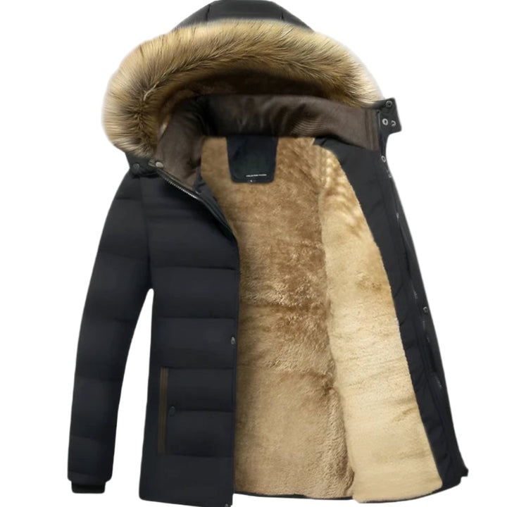Men's Fleece-Lined Fur Hood Puffer Winter Jackets - Black