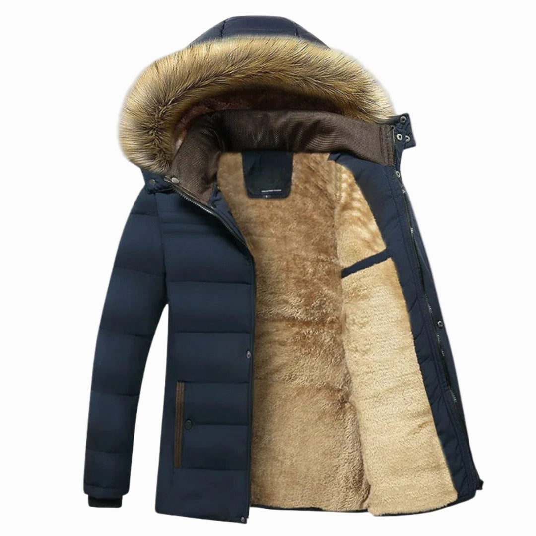Men's Fleece-Lined Fur Hood Puffer Winter Jackets - Blue