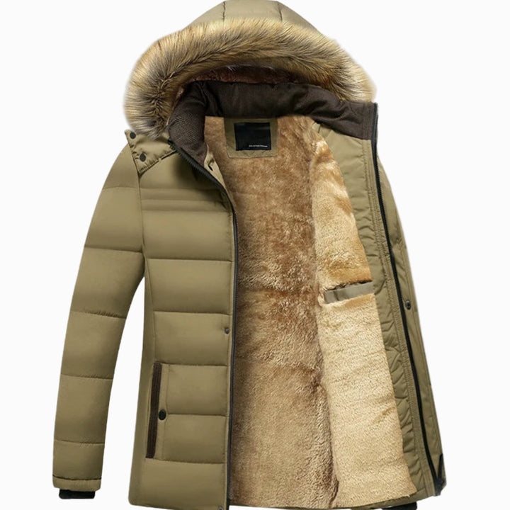 Men's Fleece-Lined Fur Hood Puffer Winter Jackets - Khaki