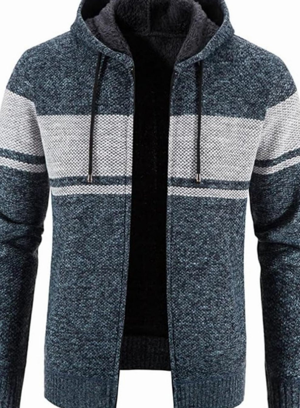 Men's Fleece-Lined Hooded Full-Zip Front Cardigan Sweater - Blue Grey
