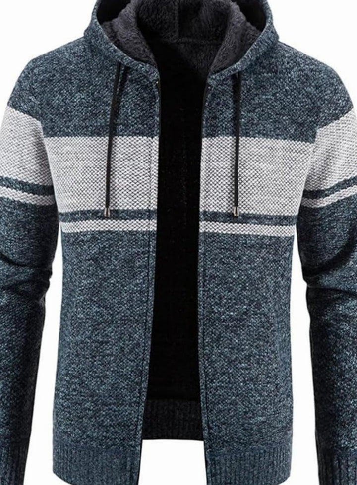 Men's Fleece-Lined Hooded Full-Zip Front Cardigan Sweater - Blue Grey