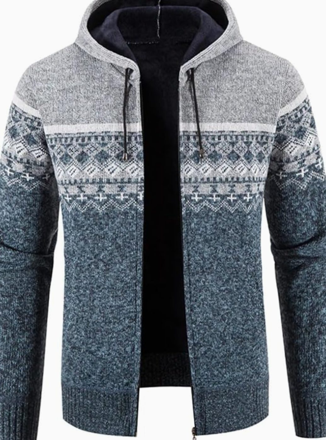 Men's Fleece-Lined Hooded Full-Zip Front Cardigan Sweater - Light Grey Blue