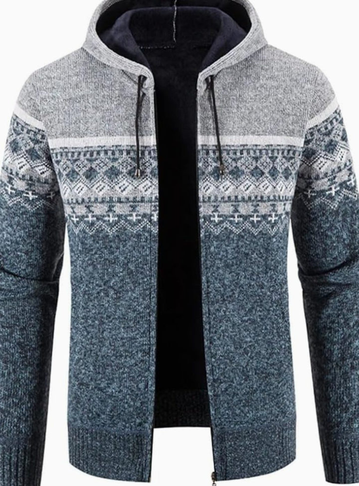 Men's Fleece-Lined Hooded Full-Zip Front Cardigan Sweater - Light Grey Blue
