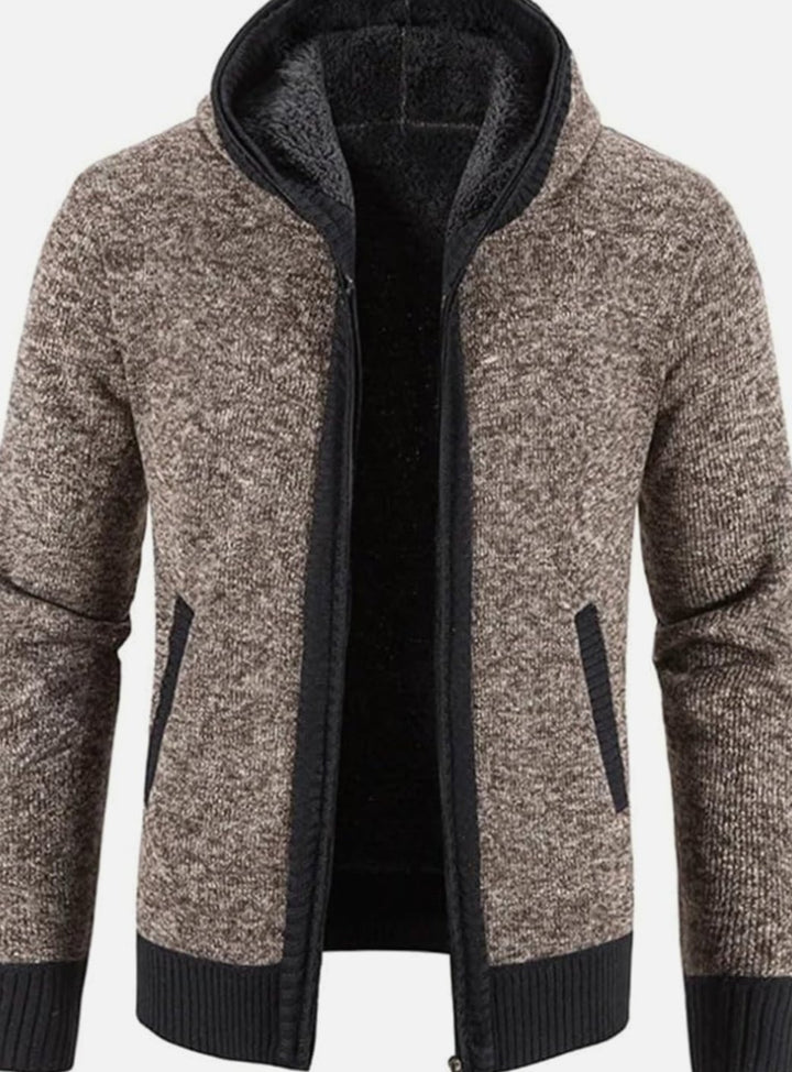 Men's Fleece-Lined Hooded Full-Zip Front Cardigan Sweater - Brown
