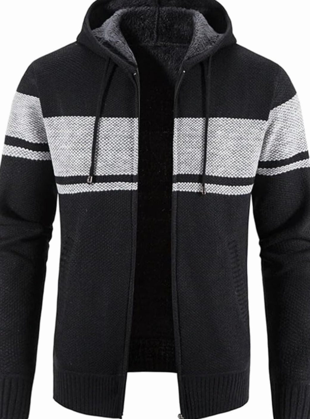 Men's Fleece-Lined Hooded Full-Zip Front Cardigan Sweater - Black Grey